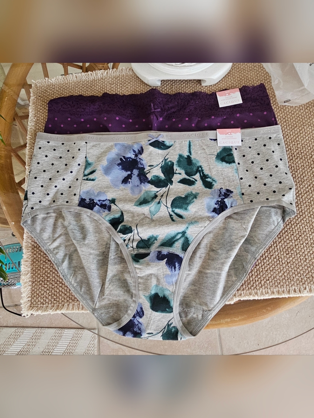 Cacique 2 Pair- Gray Floral High Leg & Purple Polka Dot High-Waist Cotton Brief